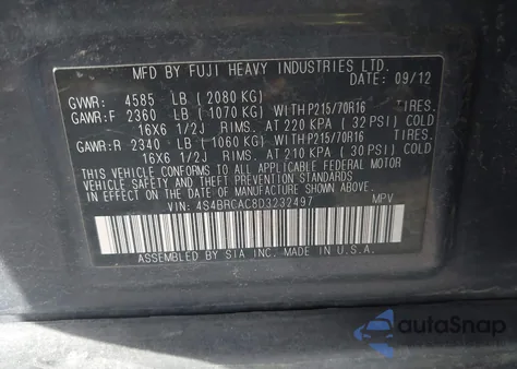 2013 Subaru Outback 2.5I z USA, uszkodzony, nr VIN 4S4BRCAC8D3232497